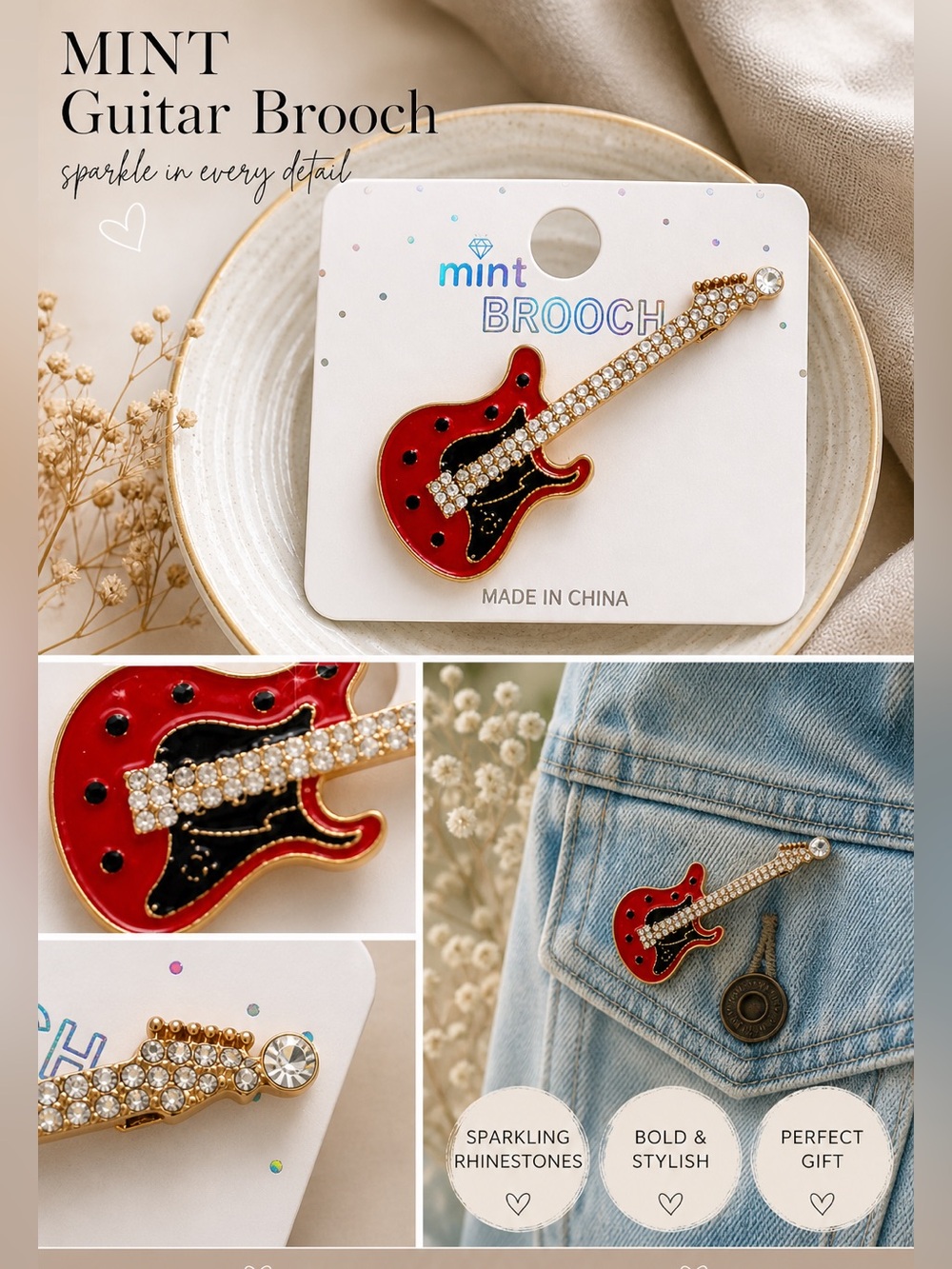 Rhinestone Guitar Brooch Pin Red Black Gold Sparkly Rock Music Jewelry Gift NWT